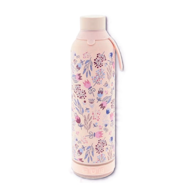 Borraccia termica rosa con speaker bluetooth integrato sul fondo, decorata a tema floreale in acciaio inox doppia parete da 600 ml